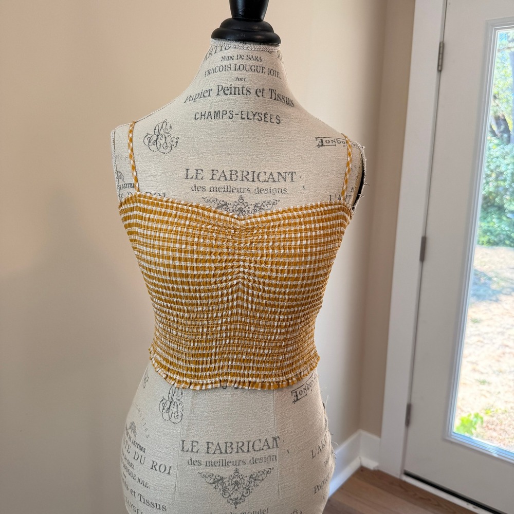 BB Dakota Women's Mustard/White Gingham Smocked Crop Tank Size XS